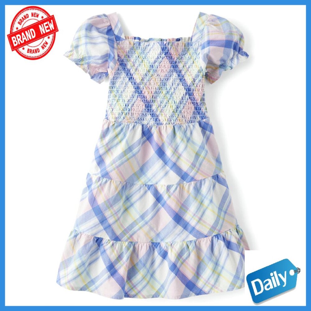 Girls Tiered Cotton Dress With Elastic Waist And Short Sleeves